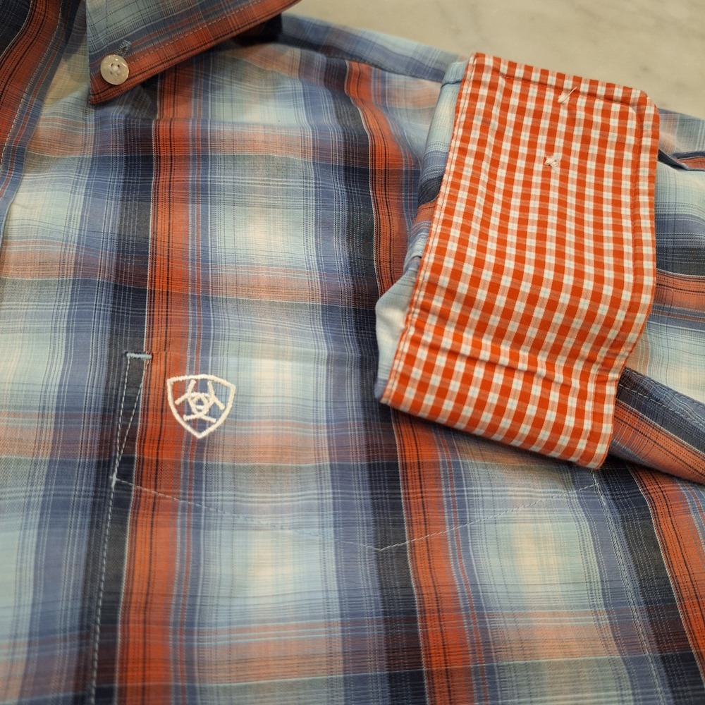 Ariat‎ Buttondown Shirt Mens Lg Blue Orange Plaid Wrinkle Free Western Flip Cuff - Picture 4 of 9